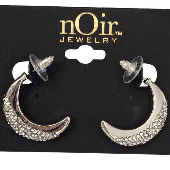 Silver Crescent Moon Earrings with Cubic Zirconia by nOir - Picture 1 of 7
